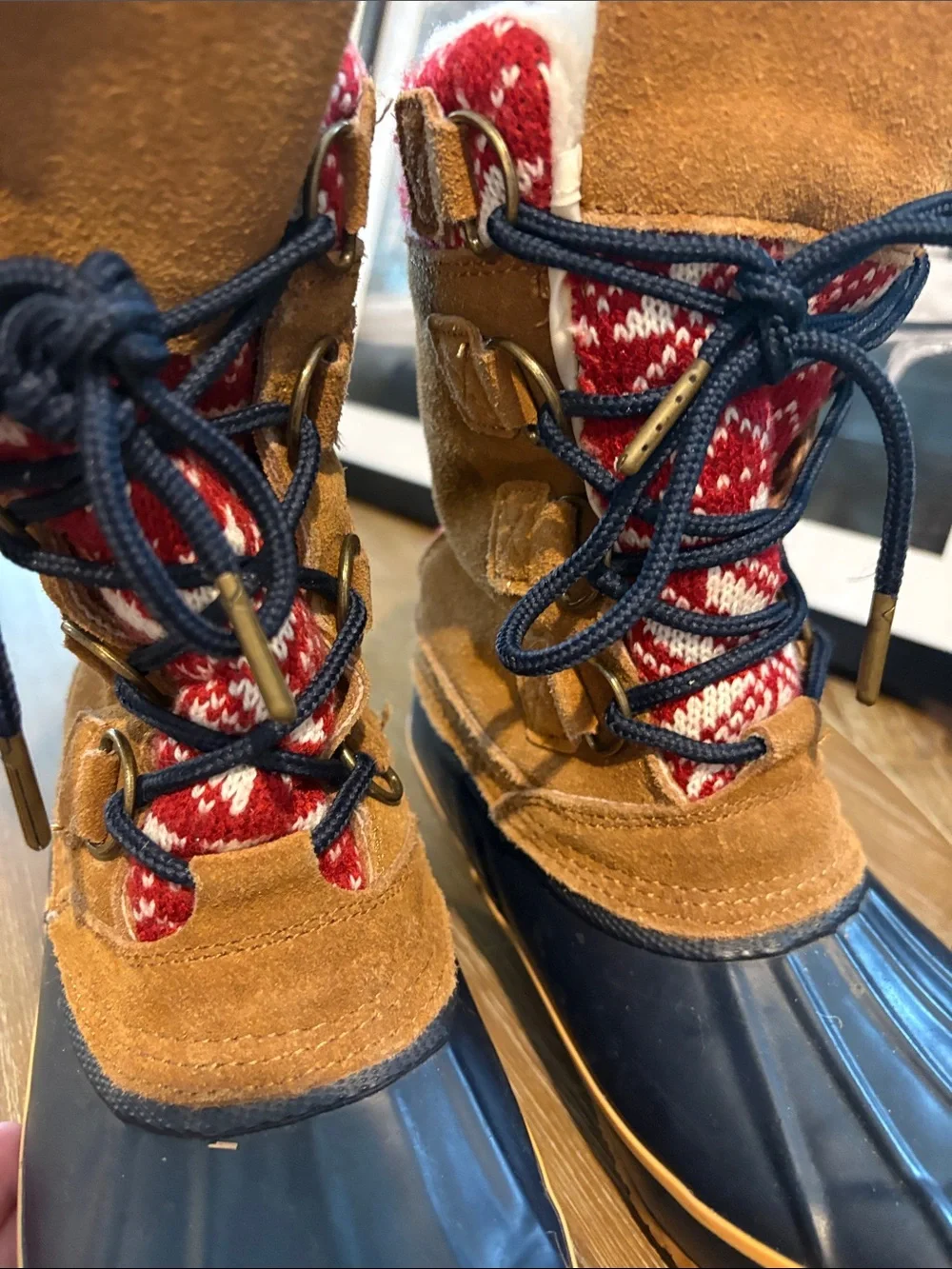 Khombu Tan and Navy Waterproof Winter Duck Boots with Red Knit Collar